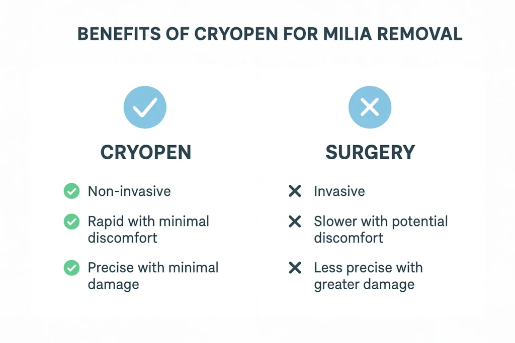 Benefits of cryopen for milia removal Kingsbury compared to surgical treatments.