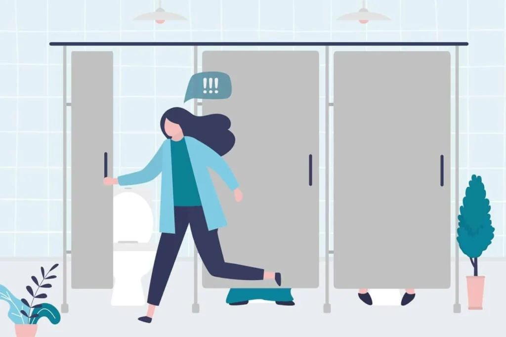 graphic of Urine incontinence Kingsbury woman running to the toilet.