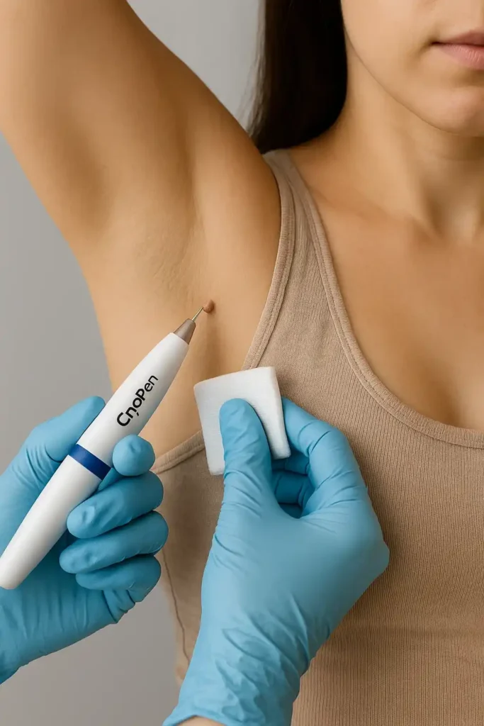 woman having cryopen to remove underarm skin tags Kingsbury