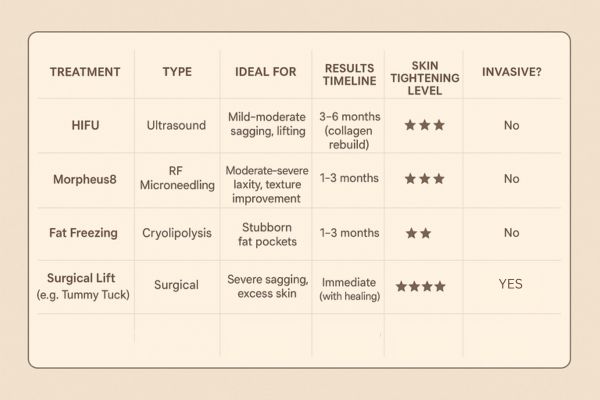 Table showing the comparisons of Skin tightening Kingsbury treatment options.